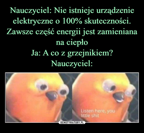 
    Nauczyciel: Nie istnieje urządzenie elektryczne o 100% skuteczności. Zawsze część energii jest zamieniana na ciepło
Ja: A co z grzejnikiem?
Nauczyciel: