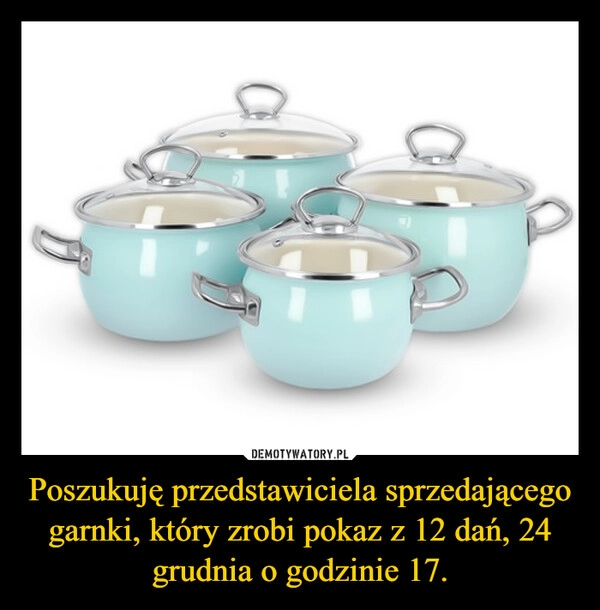 
    Poszukuję przedstawiciela sprzedającego garnki, który zrobi pokaz z 12 dań, 24 grudnia o godzinie 17.