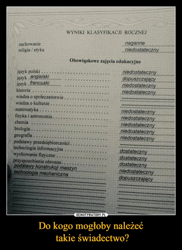 
    Do kogo mogłoby należeć
 takie świadectwo?
