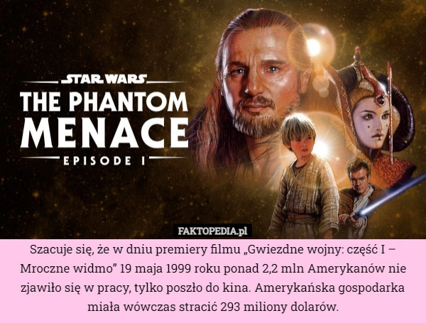 
    
			Szacuje się, że w dniu premiery filmu „Gwiezdne wojny: część I – Mroczne					