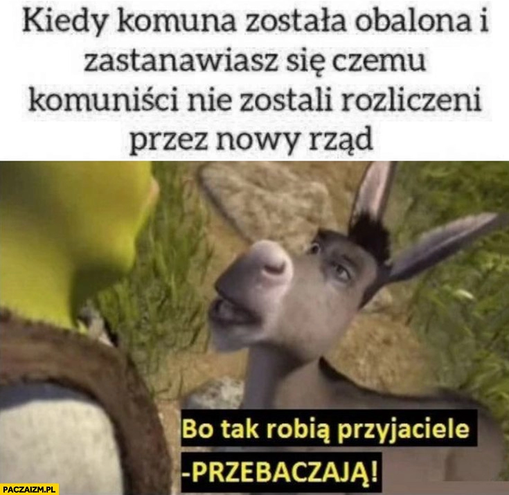 
    Kiedy komuna została obalona i zastanawiasz się czemu komuniści nie zostali rozliczeni przez nowy rząd bo tak robią przyjaciele przebaczają Shrek