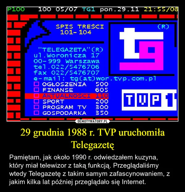 
    29 grudnia 1988 r. TVP uruchomiła Telegazetę