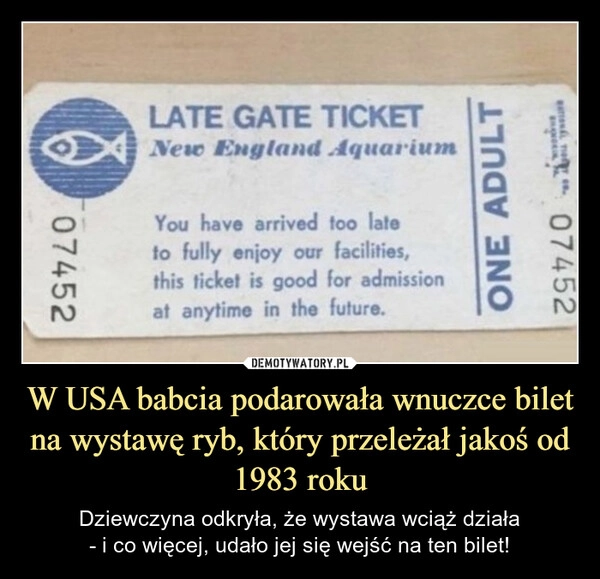 
    W USA babcia podarowała wnuczce bilet na wystawę ryb, który przeleżał jakoś od 1983 roku