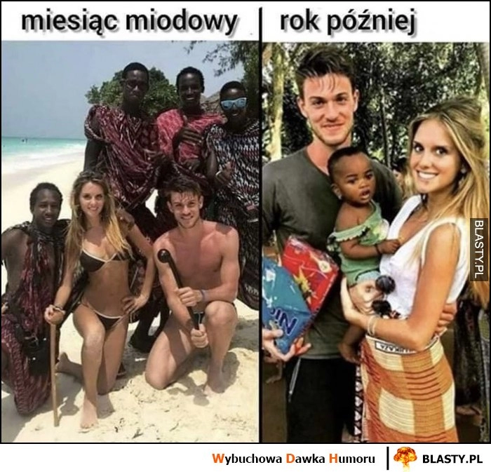 
    Miesiąc miodowy vs rok później para czarne dziecko