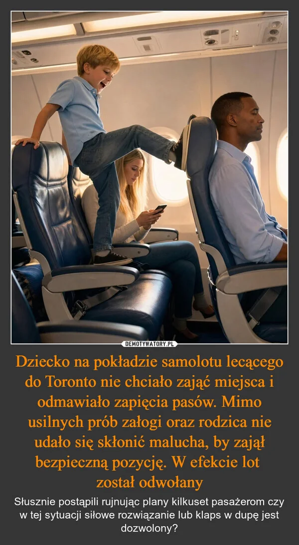 
    Dziecko na pokładzie samolotu lecącego do Toronto nie chciało zająć miejsca i odmawiało zapięcia pasów. Mimo usilnych prób załogi oraz rodzica nie udało się skłonić malucha, by zajął bezpieczną pozycję. W efekcie lot został odwołany