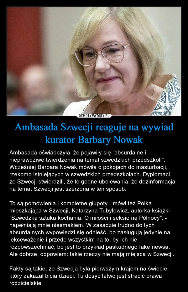 
    Ambasada Szwecji reaguje na wywiad kurator Barbary Nowak