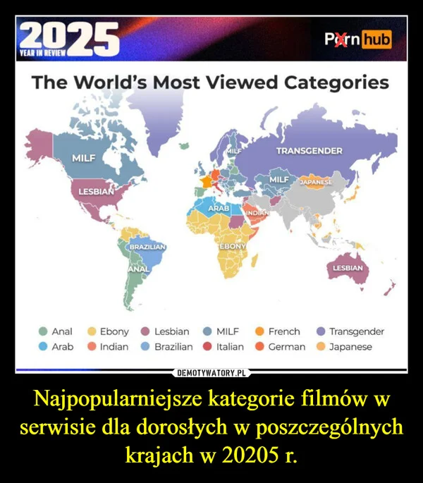 
    Najpopularniejsze kategorie filmów w serwisie dla dorosłych w poszczególnych krajach w 20205 r.