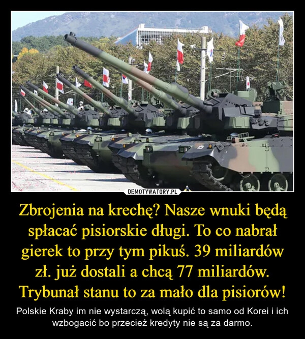 
    Zbrojenia na krechę? Nasze wnuki będą spłacać pisiorskie długi. To co nabrał gierek to przy tym pikuś. 39 miliardów zł. już dostali a chcą 77 miliardów. Trybunał stanu to za mało dla pisiorów!