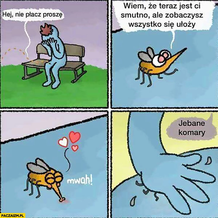 Nie płacz proszę, zobaczysz wszystko się ułoży komar całuje jechane komary komiks