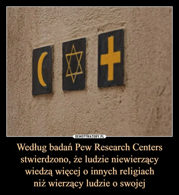 
    Według badań Pew Research Centers stwierdzono, że ludzie niewierzący wiedzą więcej o innych religiach niż wierzący ludzie o swojej