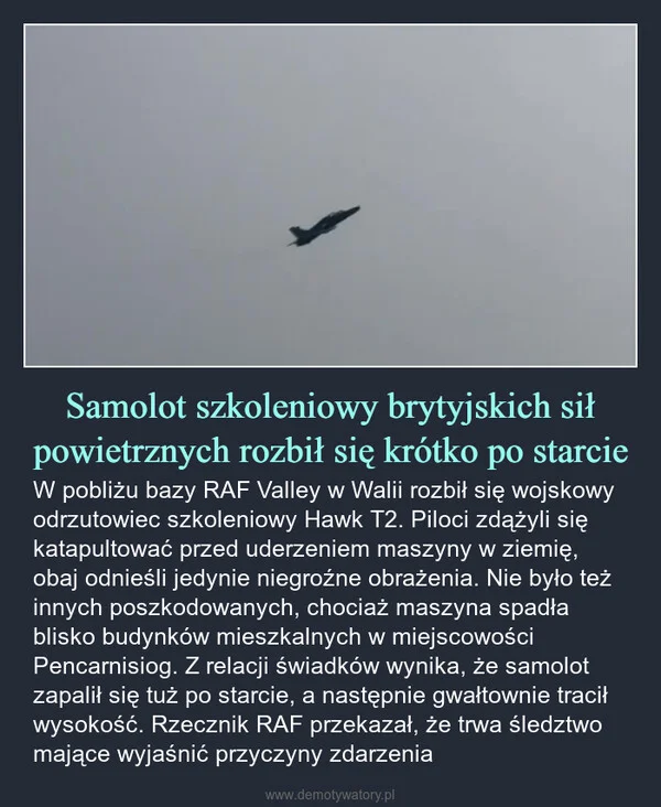 
    Samolot szkoleniowy brytyjskich sił powietrznych rozbił się krótko po starcie