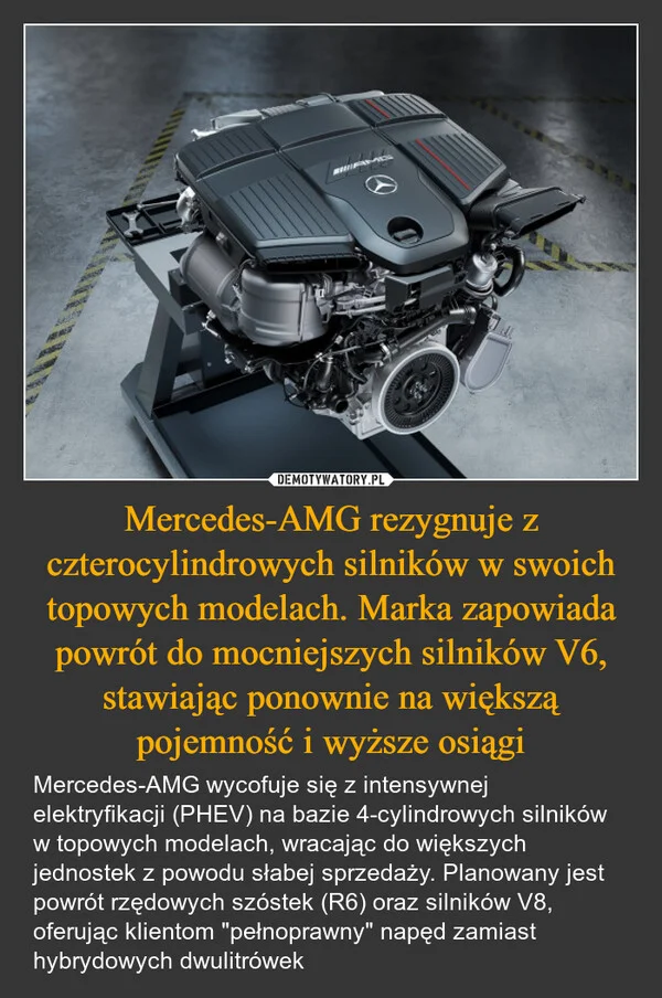 
    Mercedes-AMG rezygnuje z czterocylindrowych silników w swoich topowych modelach. Marka zapowiada powrót do mocniejszych silników V6, stawiając ponownie na większą pojemność i wyższe osiągi