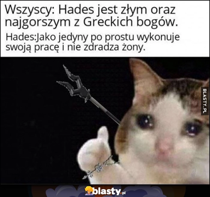 
    Wszyscy: Hades jest złym oraz najgorszym z Greckich bogów. Tymczasem Hades jako jedyny po prostu wykonuje swoją pracę i nie zdradza żony