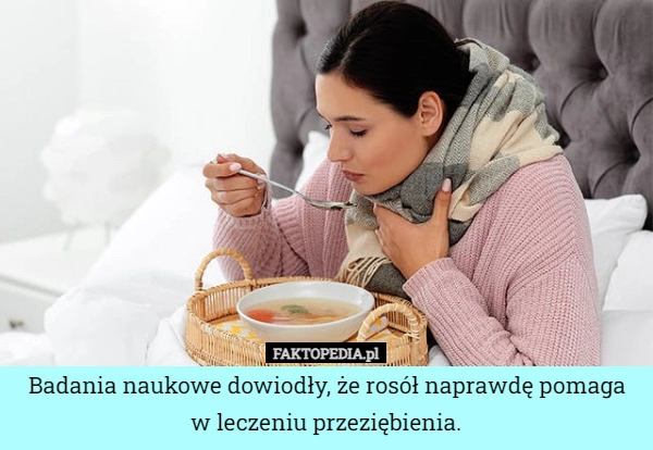 
    Badania naukowe dowiodły, że rosół naprawdę pomaga w leczeniu przeziębienia.