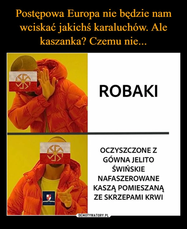 
    Postępowa Europa nie będzie nam wciskać jakichś karaluchów. Ale kaszanka? Czemu nie...