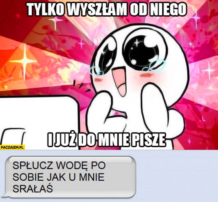 
    Tylko wyszłam od niego i już do mnie pisze spłucz wodę po sobie jak u mnie robiłaś kupę