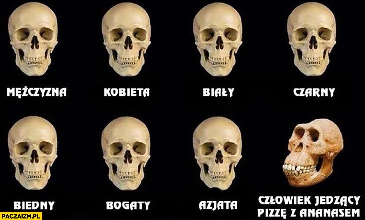 
    Czaszki człowiek jedzący pizzę z ananasem hawajska