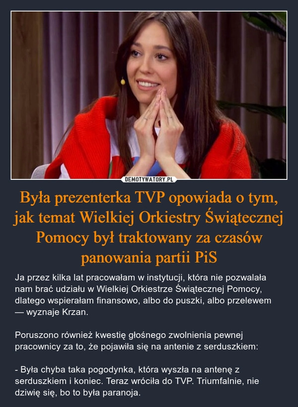 
    Była prezenterka TVP opowiada o tym, jak temat Wielkiej Orkiestry Świątecznej Pomocy był traktowany za czasów panowania partii PiS