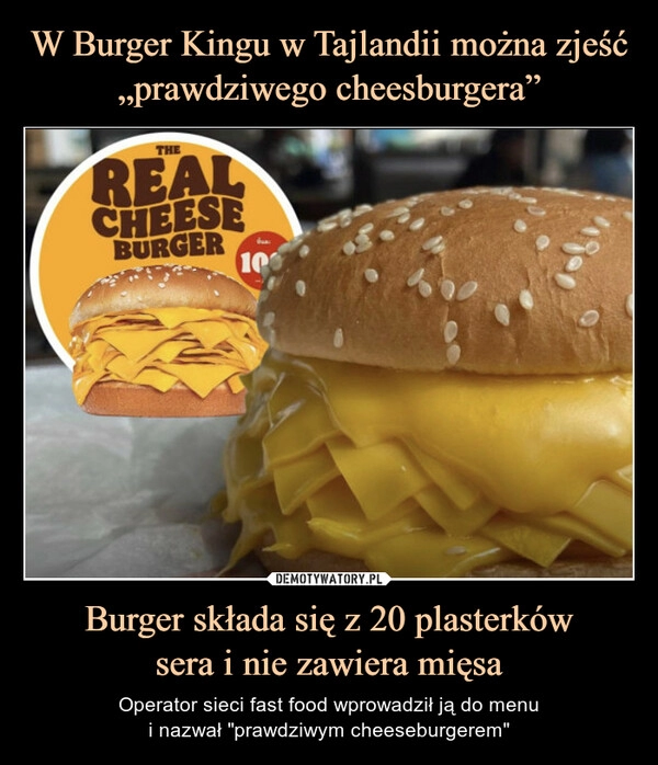 
    W Burger Kingu w Tajlandii można zjeść „prawdziwego cheesburgera” Burger składa się z 20 plasterków
sera i nie zawiera mięsa