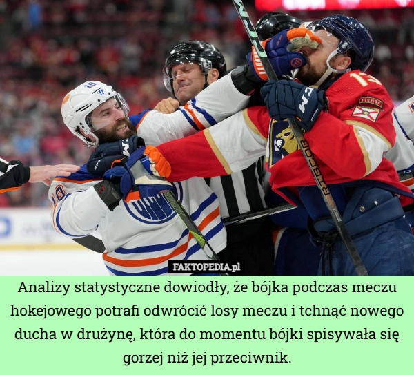 
    Analizy statystyczne dowiodły, że bójka podczas meczu hokejowego potrafi