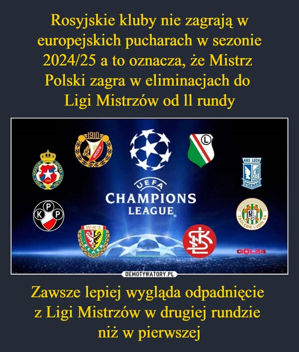 
    Rosyjskie kluby nie zagrają w europejskich pucharach w sezonie 2024/25 a to oznacza, że Mistrz 
Polski zagra w eliminacjach do 
Ligi Mistrzów od ll rundy Zawsze lepiej wygląda odpadnięcie 
z Ligi Mistrzów w drugiej rundzie 
niż w pierwszej