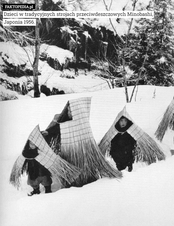 
    Dzieci w tradycyjnych strojach przeciwdeszczowych Minobashi, Japonia 1956.