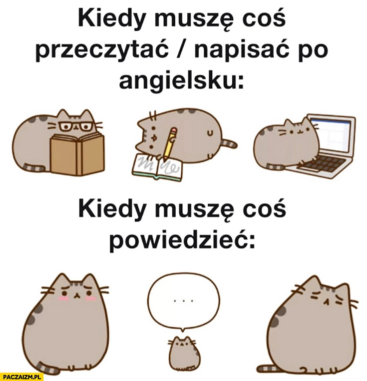 
    Kiedy muszę coś przeczytać/napisać po angielsku. Kiedy muszę coś powiedzieć Pusheen