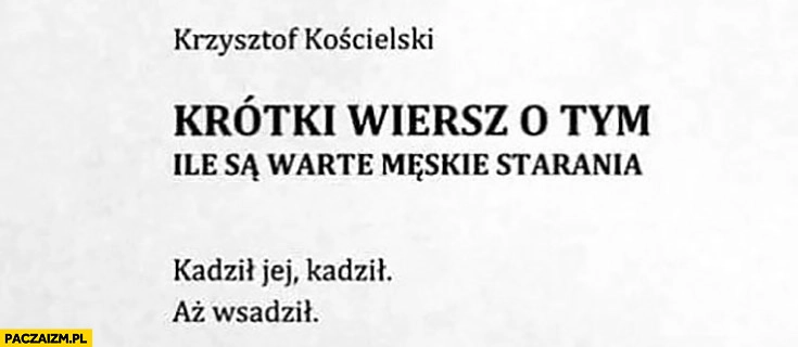 
    Krótki wiersz o tym ile są warte męskie starania: kadził jej kadził aż wsadził