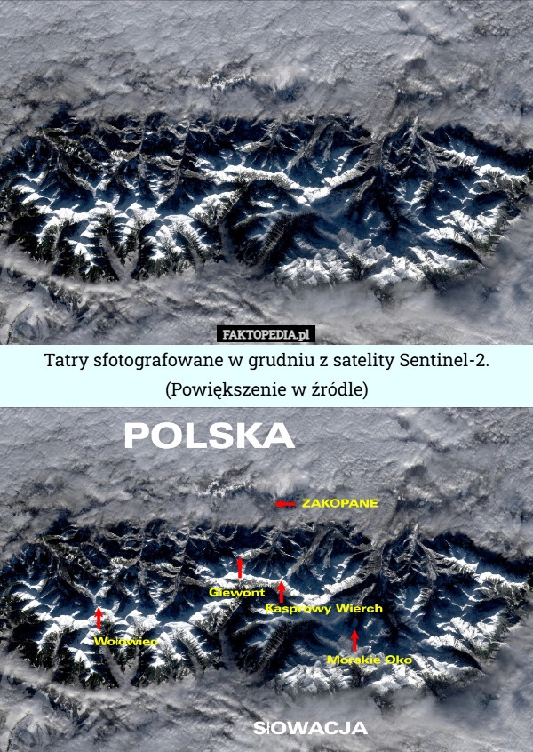 
    Tatry sfotografowane w grudniu z satelity Sentinel-2.
(Powiększenie w źródle)