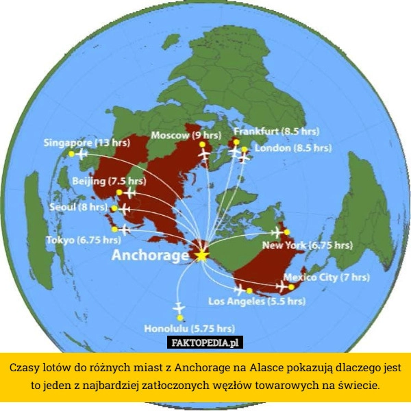 
    Czasy lotów do różnych miast z Anchorage na Alasce pokazują dlaczego jest