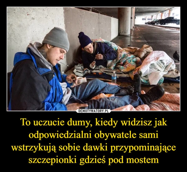 
    To uczucie dumy, kiedy widzisz jak odpowiedzialni obywatele sami wstrzykują sobie dawki przypominające szczepionki gdzieś pod mostem