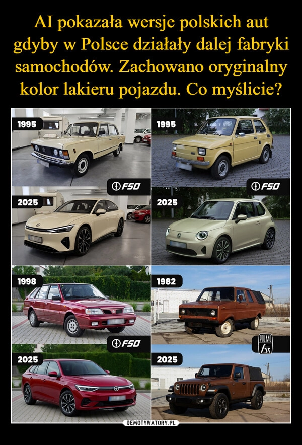 
    AI pokazała wersje polskich aut gdyby w Polsce działały dalej fabryki samochodów. Zachowano oryginalny kolor lakieru pojazdu. Co myślicie?
