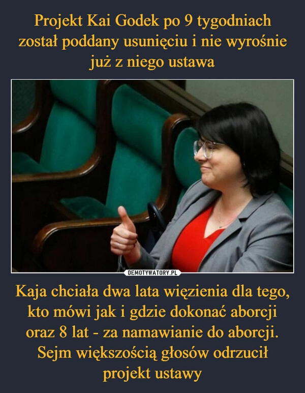 
    Projekt Kai Godek po 9 tygodniach został poddany usunięciu i nie wyrośnie już z niego ustawa Kaja chciała dwa lata więzienia dla tego, kto mówi jak i gdzie dokonać aborcji oraz 8 lat - za namawianie do aborcji. Sejm większością głosów odrzucił projekt ustawy