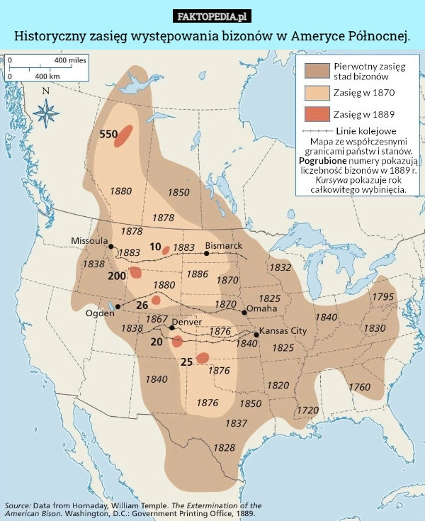 
    Historyczny zasięg występowania bizonów w Ameryce Północnej.