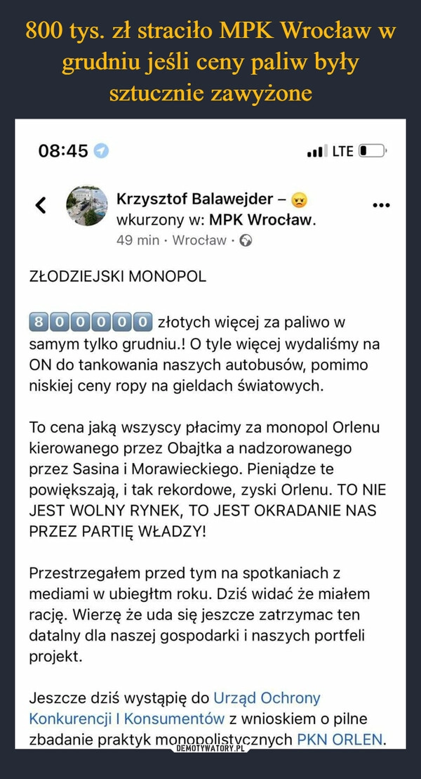 
    800 tys. zł straciło MPK Wrocław w grudniu jeśli ceny paliw były sztucznie zawyżone 