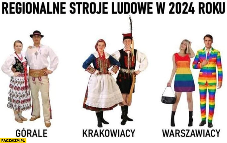 
    Regionalne stroje ludowe w 2024 roku górale, krakowiacy, warszawiacy lgbt tecza