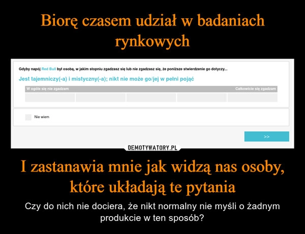 
    Biorę czasem udział w badaniach rynkowych I zastanawia mnie jak widzą nas osoby, które układają te pytania