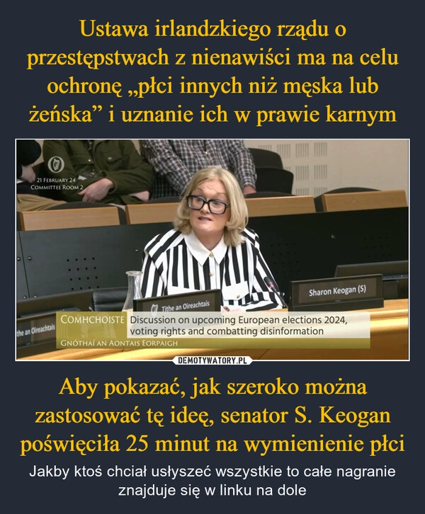 
    Ustawa irlandzkiego rządu o przestępstwach z nienawiści ma na celu ochronę „płci innych niż męska lub żeńska” i uznanie ich w prawie karnym Aby pokazać, jak szeroko można zastosować tę ideę, senator S. Keogan poświęciła 25 minut na wymienienie płci