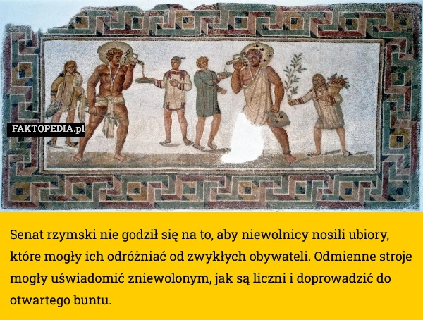 
    Senat rzymski nie godził się na to, aby niewolnicy nosili ubiory, które