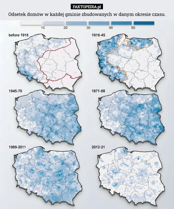 
    Odsetek domów w każdej gminie zbudowanych w danym okresie czasu.