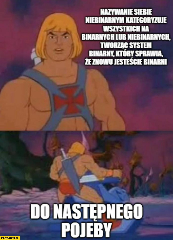 
    Nazwanie siebie niebinarnym kategoryzuje wszystkich na binarnych lub niebinarnych tworząc system binarny czyli, że znowu jesteście binarni