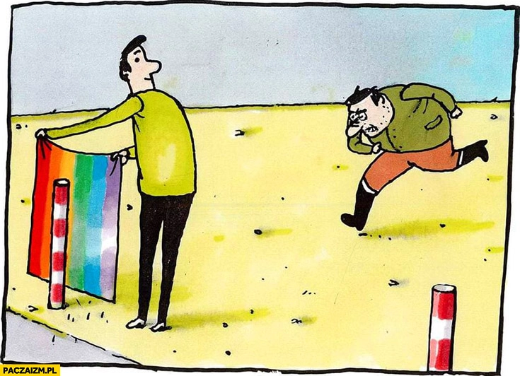 
    Typowy Polak narodowiec biegnie na tęczową flagę za nią słupek Raczkowski