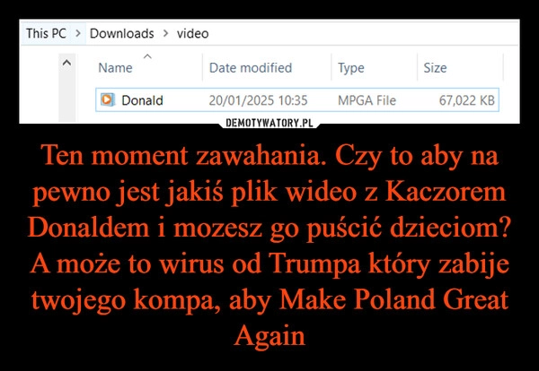 
    Ten moment zawahania. Czy to aby na pewno jest jakiś plik wideo z Kaczorem Donaldem i mozesz go puścić dzieciom? A może to wirus od Trumpa który zabije twojego kompa, aby Make Poland Great Again