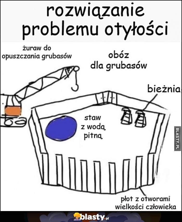 
    Rozwiązanie problemu otyłości: obóz dla grubasów, bieżnia, staw z wodą pitną, płot z otworami wielkości człowieka