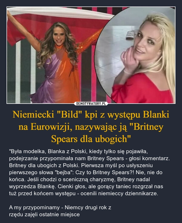 
    Niemiecki "Bild" kpi z występu Blanki na Eurowizji, nazywając ją "Britney Spears dla ubogich"