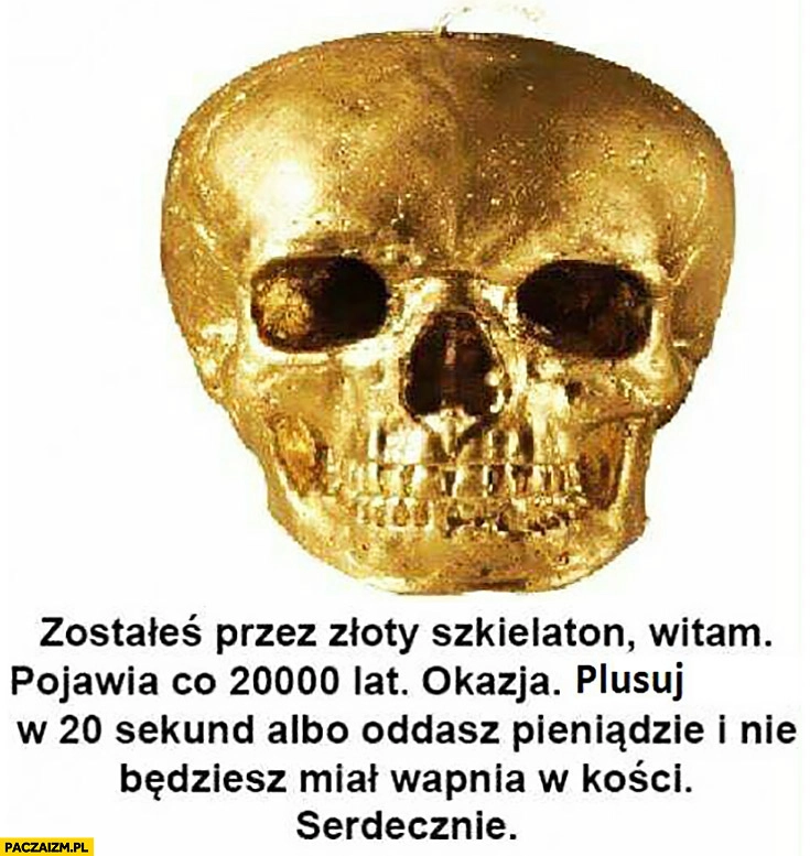
    Zostałeś nawiedzony przez złoty szkielet, plusuj albo oddasz pieniądze i nie będziesz miał wapnia w kości