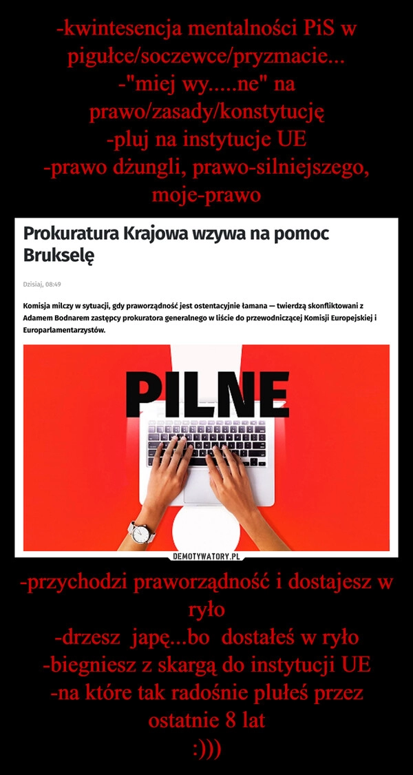 
    -kwintesencja mentalności PiS w pigułce/soczewce/pryzmacie...
-"miej wy.....ne" na prawo/zasady/konstytucję
-pluj na instytucje UE
-prawo dżungli, prawo-silniejszego, moje-prawo -przychodzi praworządność i dostajesz w ryło
-drzesz  japę...bo  dostałeś w ryło
-biegniesz z skargą do instytucji UE
-na które tak radośnie plułeś przez ostatnie 8 lat
:)))