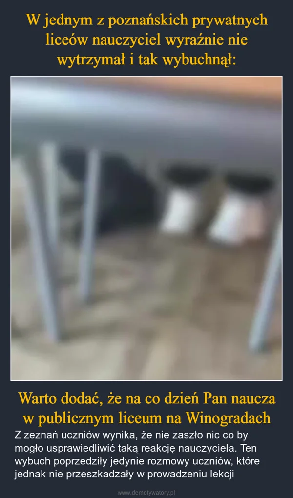 
    W jednym z poznańskich prywatnych liceów nauczyciel wyraźnie nie wytrzymał i tak wybuchnął: Warto dodać, że na co dzień Pan naucza w publicznym liceum na Winogradach