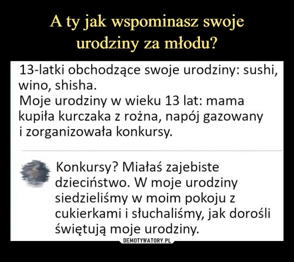 
    A ty jak wspominasz swoje
urodziny za młodu?