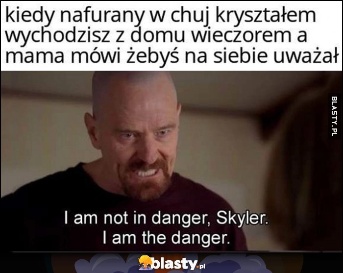 
    Kiedy nafurany kryształem wychodzisz z domu wieczorem a mama mówi żebyś na siebie uważał I am the danger Breaking Bad